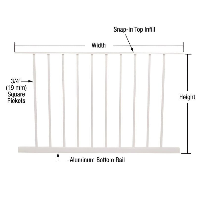 Sky White aluminum picket panel (SKU P4848W), 10 square pickets, top snap-in infill and bottom rail - 53-5/8 45-1/8 in.
