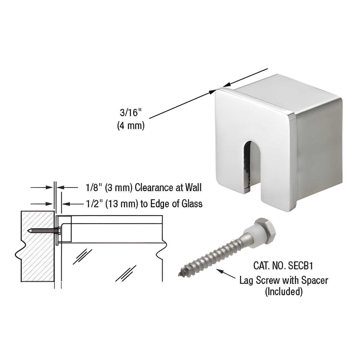 SRF15SECPS polished 316 stainless stabilizing end cap for SRF15 roll form rail with included lag screw and spacer.