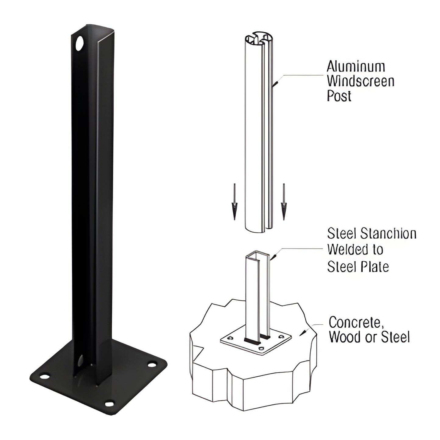 PSB1BBL matte-black welded steel stanchion with 5in base plate, 3/8in thick, 1/2in mounting holes, surface-mount.