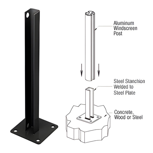 PSB2BBL matte-black welded steel stanchion with 5 in base plate, 1/2 in mounting holes, for 48 in posts
