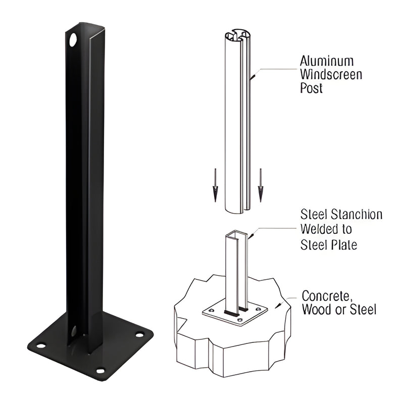 Matte black welded steel stanchion (SKU PSB3BBL) with 30 in post, 5x5 in base plate, 4 mounting holes, surface mount.