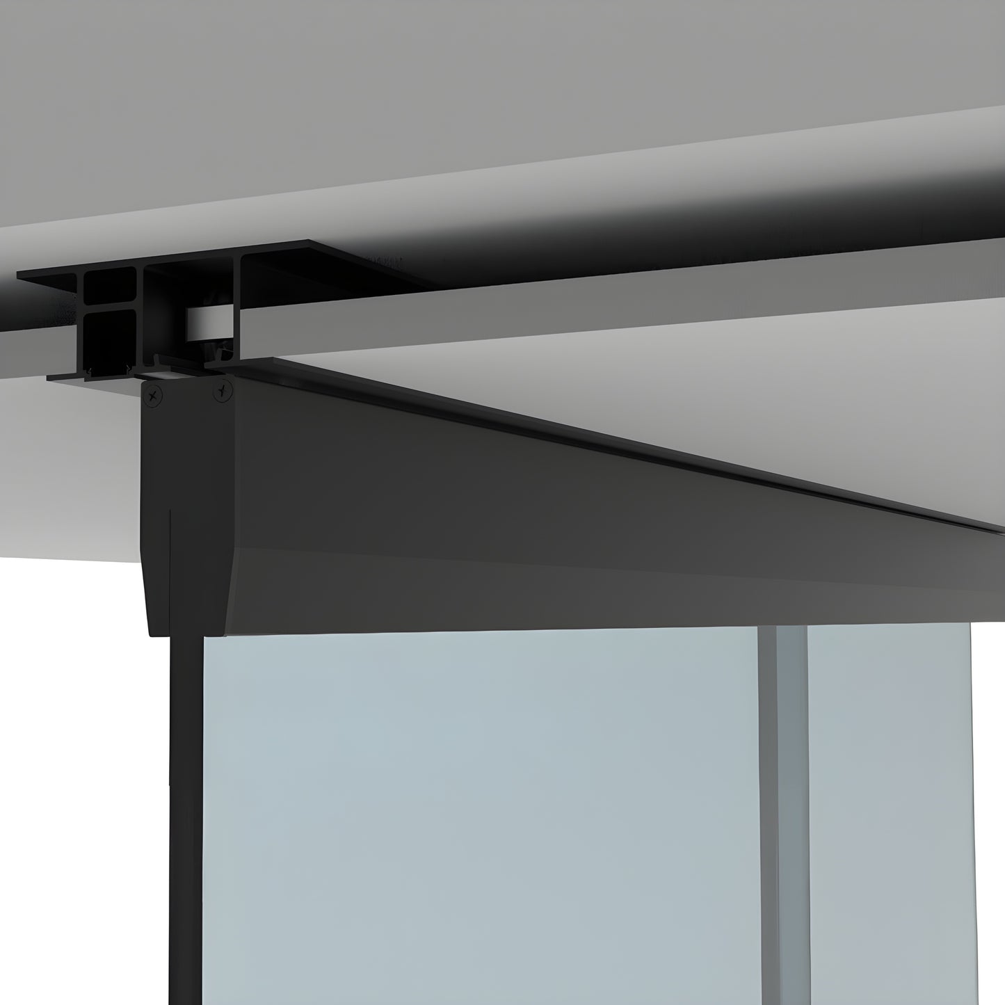 Matte black CRL50 dropped-ceiling sliding glass door kit (CRL501DMBL) showing top-hung track and glass panel.