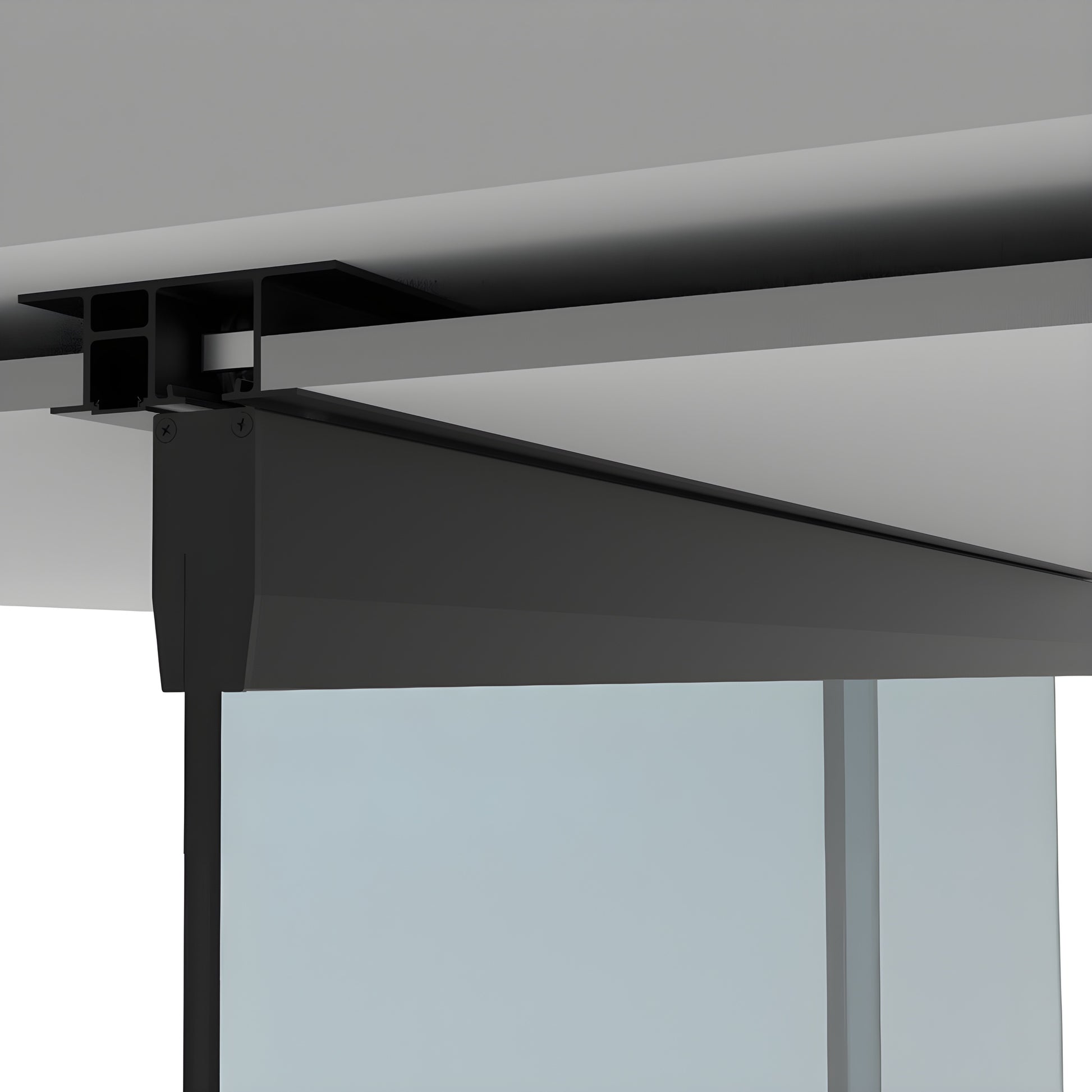 Matte black CRL50 dropped-ceiling sliding glass door kit (CRL501DMBL) showing top-hung track and glass panel.