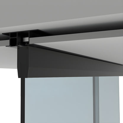 Matte black CRL50 dropped-ceiling sliding glass door kit (CRL501DMBL) showing top-hung track and glass panel.