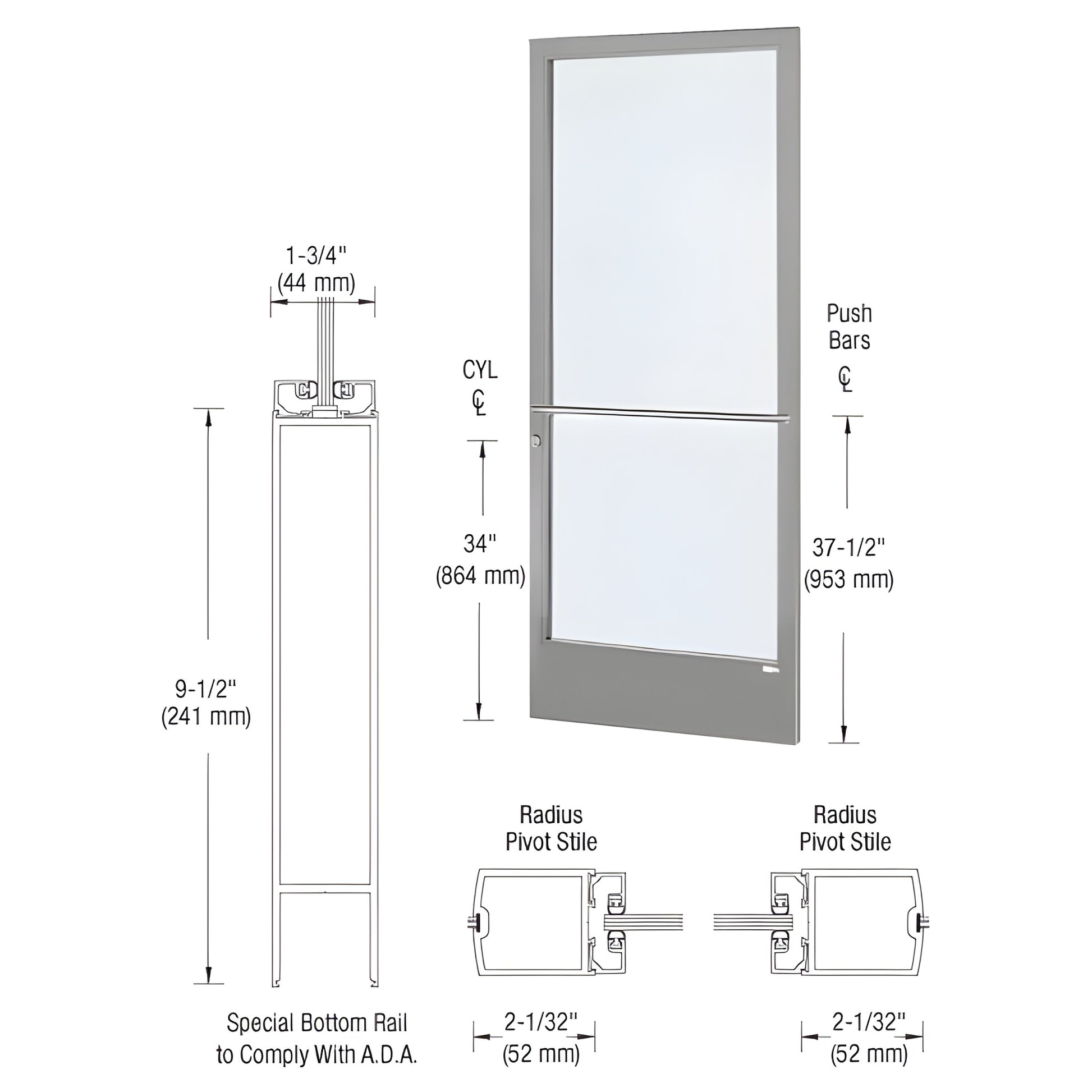 CRL narrow-stile entrance door CD21711, clear anodized aluminum frame with glass panel and 9-1/2" ADA bottom rail
