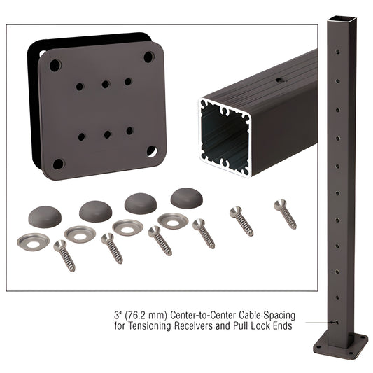 Matte bronze 36-inch aluminum surface-mount cable end post kit with square post, 5" base plate, gasket, screws and bolt cover