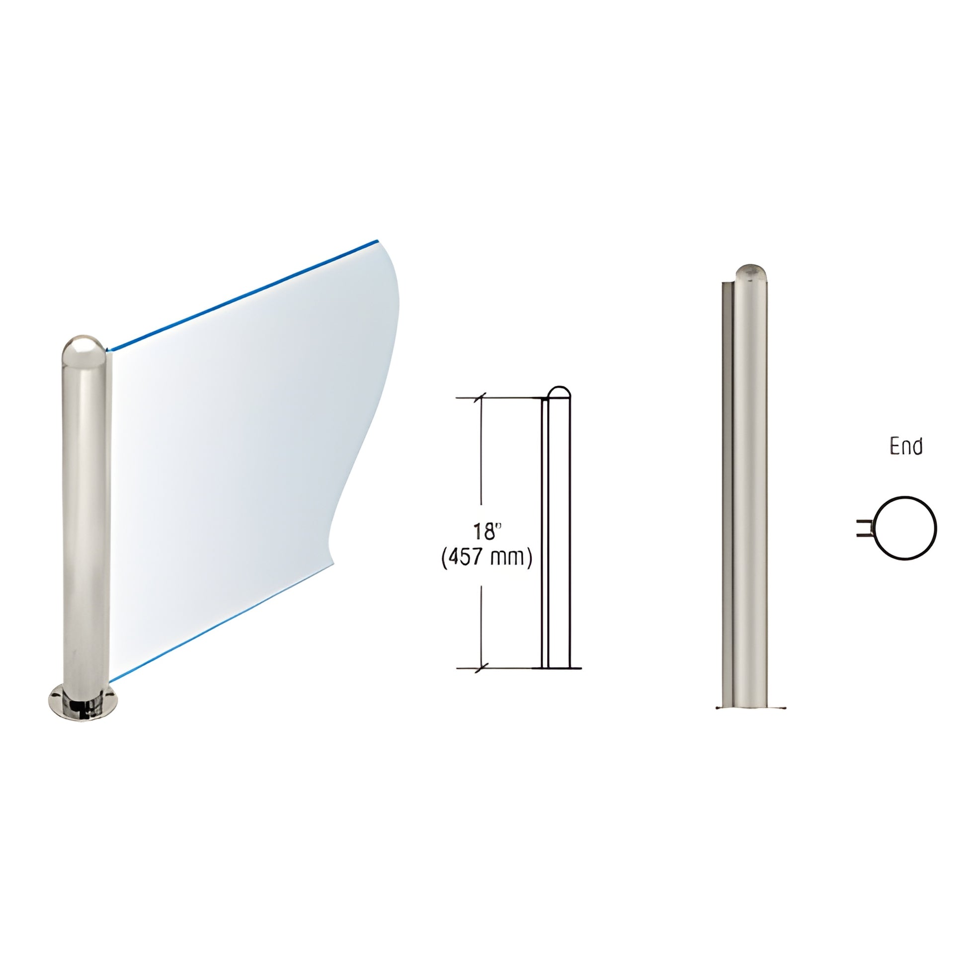 PP09EBS 18" brushed stainless steel round end post with dome cap, welded base and 1/4" U channel for glass