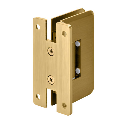 Satin brass Cologne shower door hinge with H wall plate, beveled edges, self-centering, fits 10-12 mm glass.