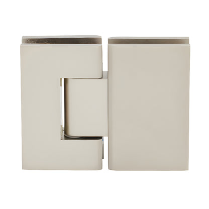 GEN180SN satin nickel Geneva glass-to-glass shower hinge, solid brass, 180 self-centering pivot for 8-12mm glass