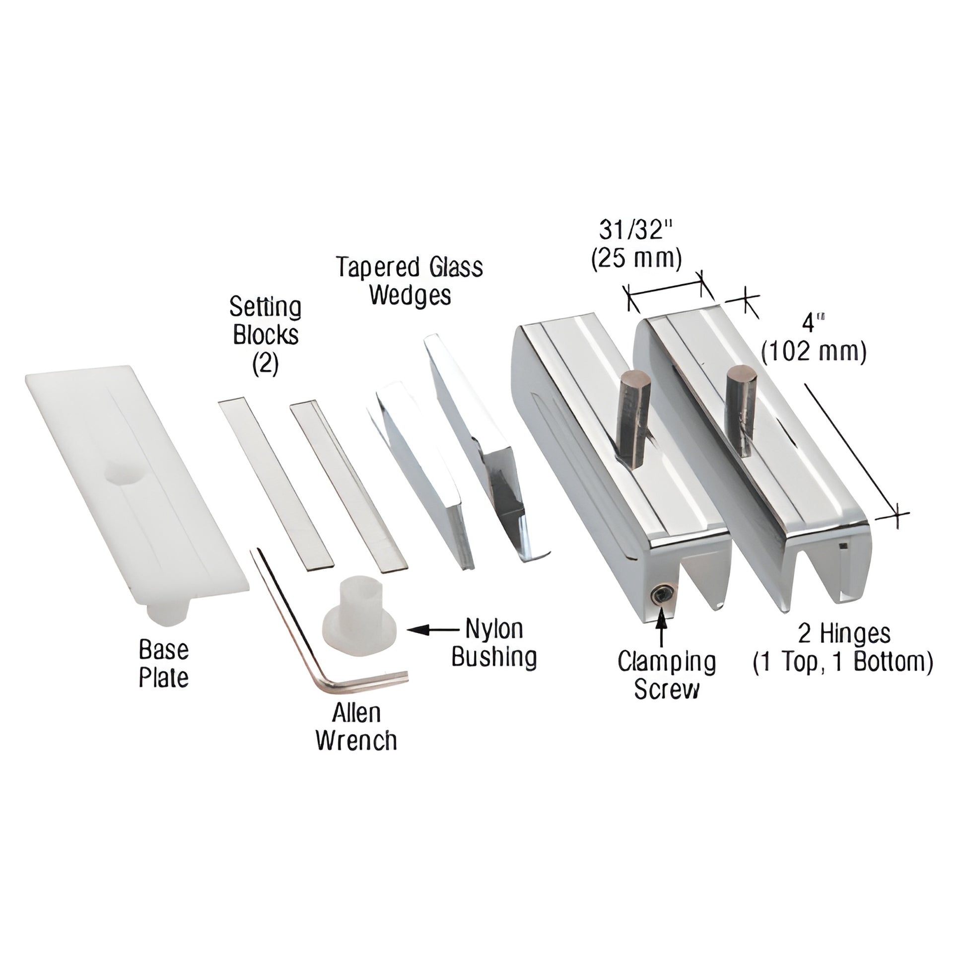 Madrid MA01CH polished chrome pivot hinge kit for 3/8 glass - 2 hinges, base plate, shims, wedges, bushing, Allen wrench.