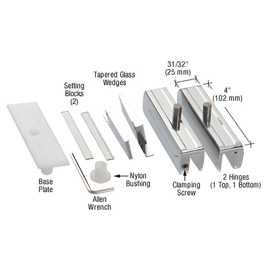 Madrid MA01CH polished chrome pivot hinge kit for 3/8 glass - 2 hinges, base plate, shims, wedges, bushing, Allen wrench.