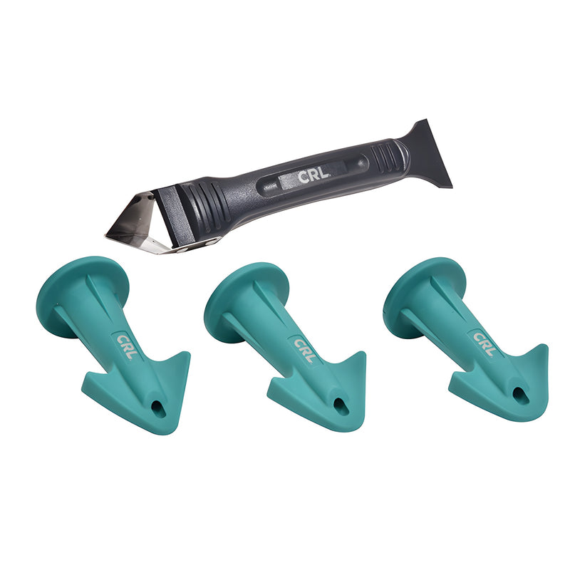 CRL caulking set: stainless steel scraper with three teal non-stick reusable nozzle tips, SKU PR0N0ZZ