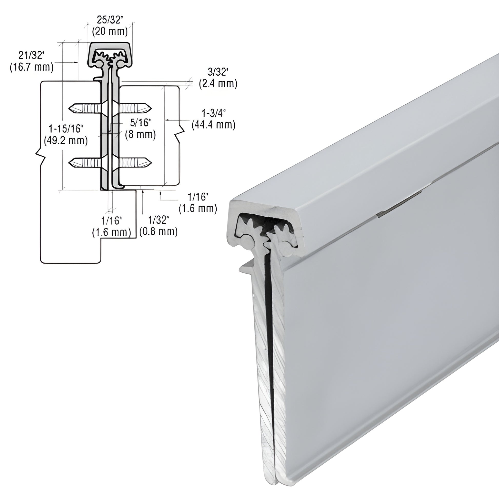 CRL SKU 40083A satin anodized aluminum concealed leaf hinge, 1-3/4 door lip, cross-section showing rolling gear profile