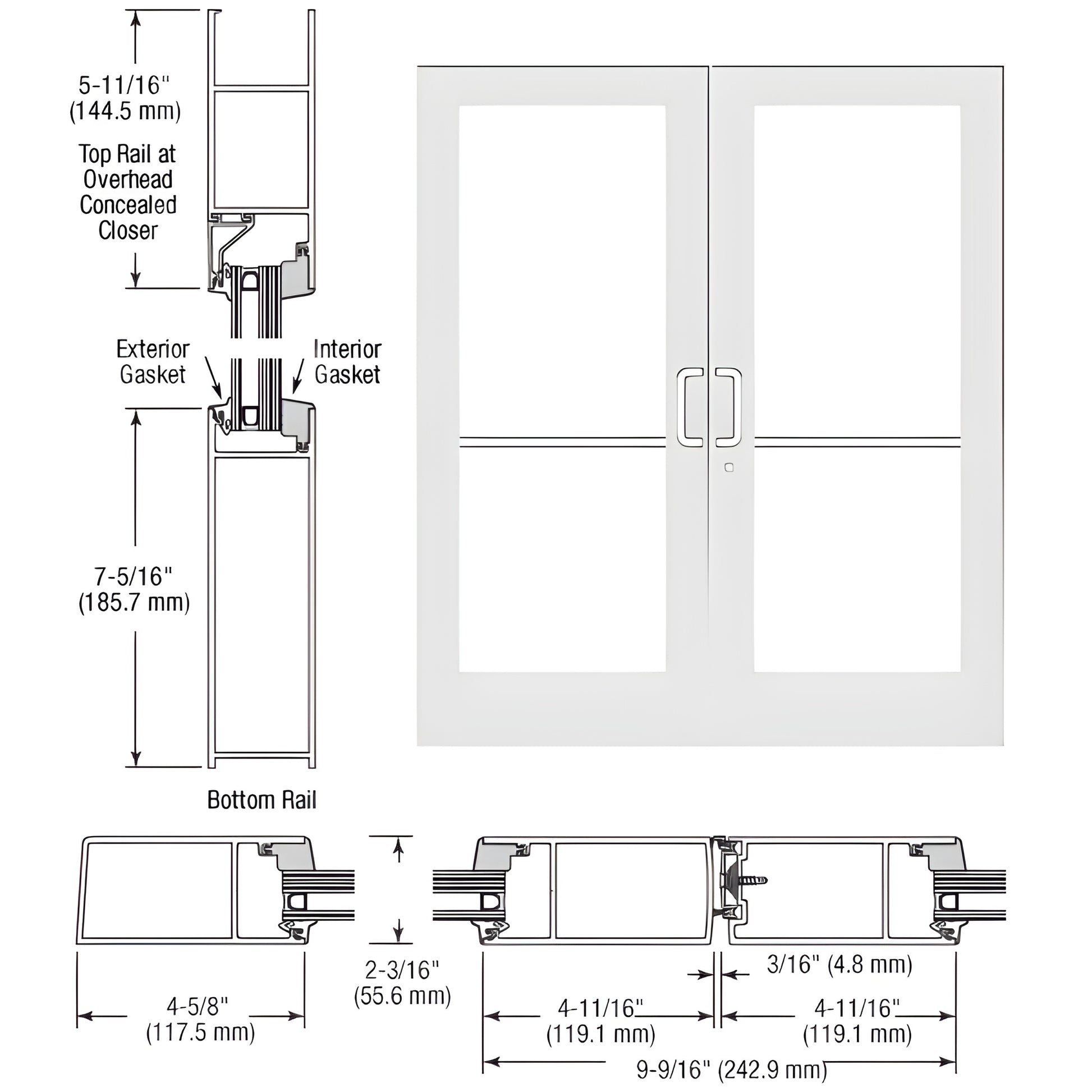 White Kynar medium-stile double impact entrance doors with glass, pull handles and deadbolt (SKU SF62452)