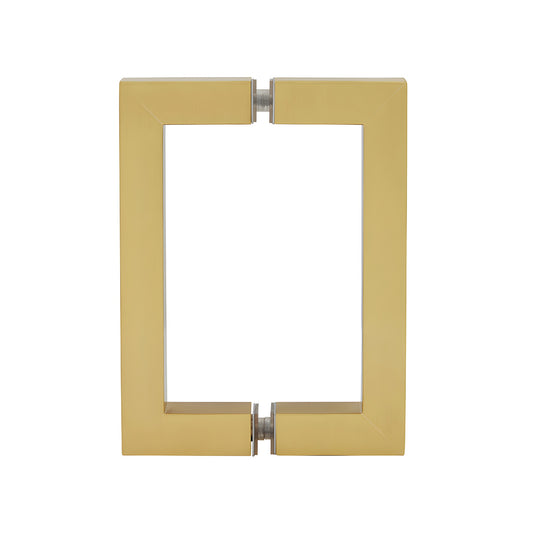 SQ6X6SB satin brass square corner glass door pull, 3/4" tubular, back to back, 6" center to center.