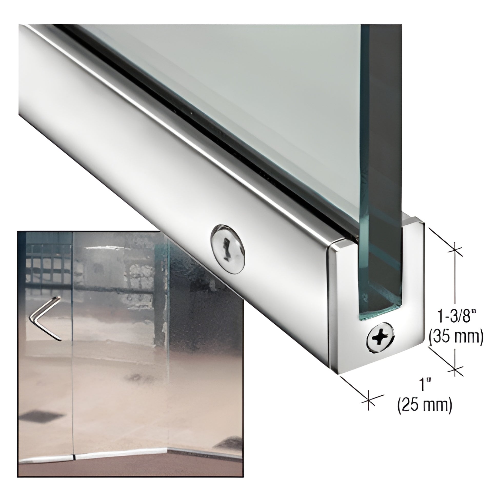 SP35PS12CL polished stainless slender door rail for 1/2" tempered glass, 1-3/8" high, includes cam lock