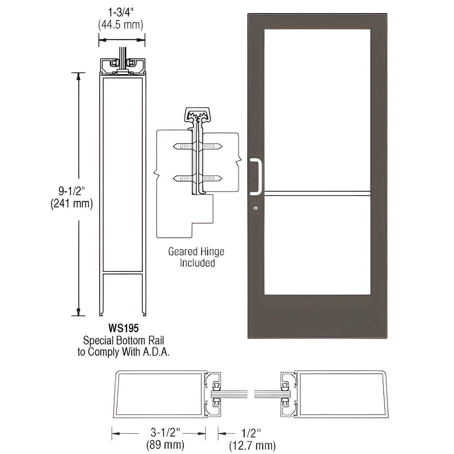 DE41822 black bronze anodized medium-stile commercial entrance door with 9-1/2 in ADA bottom rail, 3-1/2 in stiles, fits 1/4