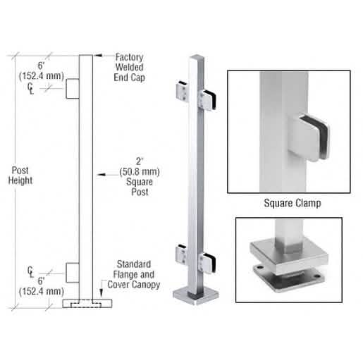 CRL Polished Stainless Steel Square Glass Clamp 180 Degree Railing Kit, 36" Center Post