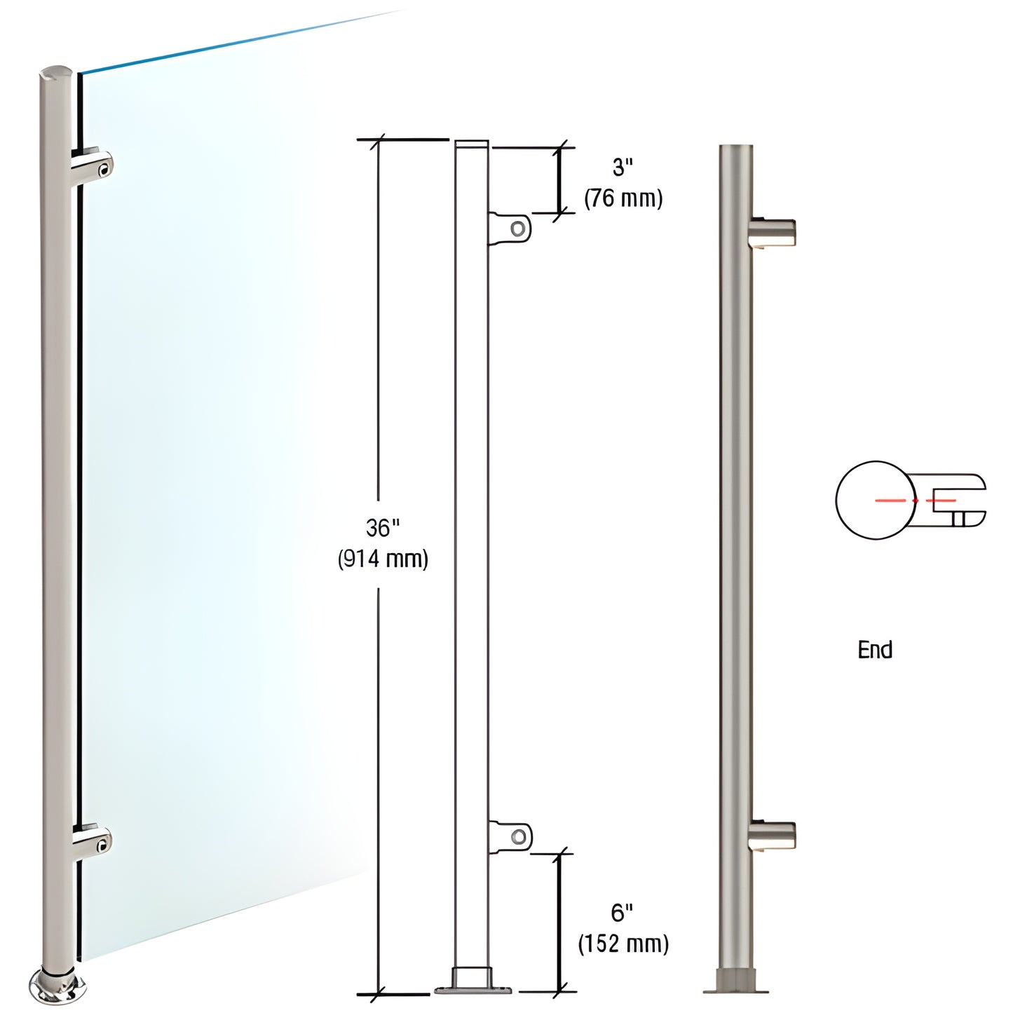PP59EBS 36 brushed stainless steel slimline non-handed end post for 1/4 -3/8 glass partitions
