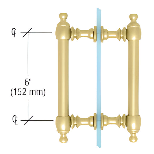 Satin brass Colonial back-to-back glass pull handle, 6" center-to-center, fits 1/4-1/2" tempered glass.