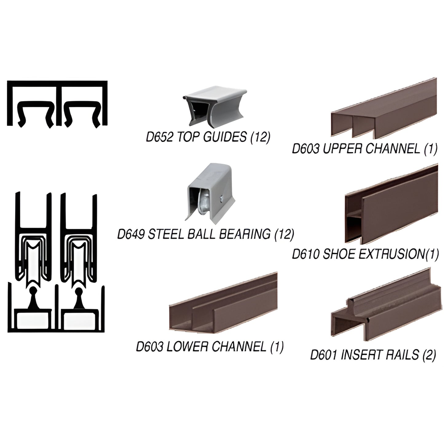 D2301DUBB deluxe 12' dur anodic bronze aluminum rolling track assembly with D649 ball-bearing wheels for sliding glass doors.