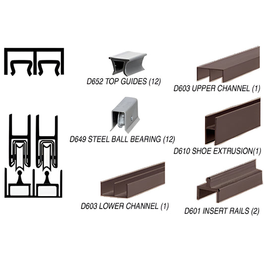 D2301DUBB deluxe 12' dur anodic bronze aluminum rolling track assembly with D649 ball-bearing wheels for sliding glass doors.