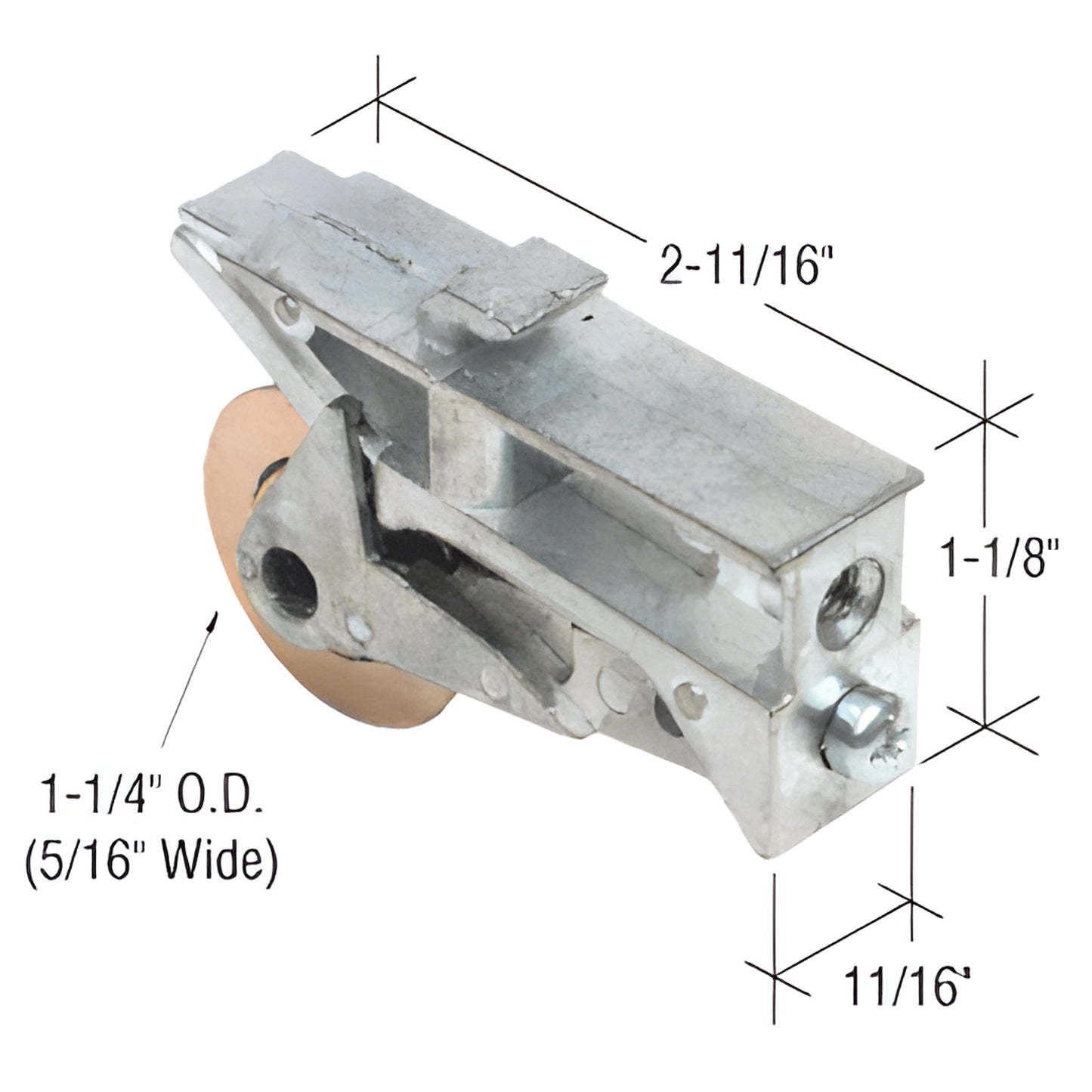 D1734 patio sliding door roller assembly - adjustable aluminum housing with single 1-1/4" concave steel roller (5/16" wide)