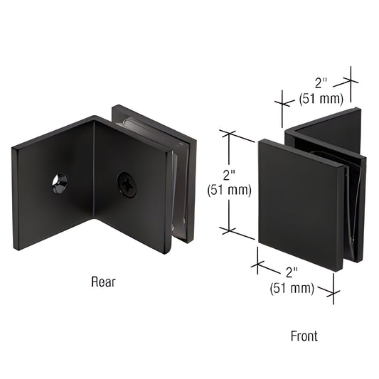 Matte black CRL SGC039MBL square fixed glass clamp, 2" large leg, wall-mount for 3/8-1/2" (10-12mm) glass.