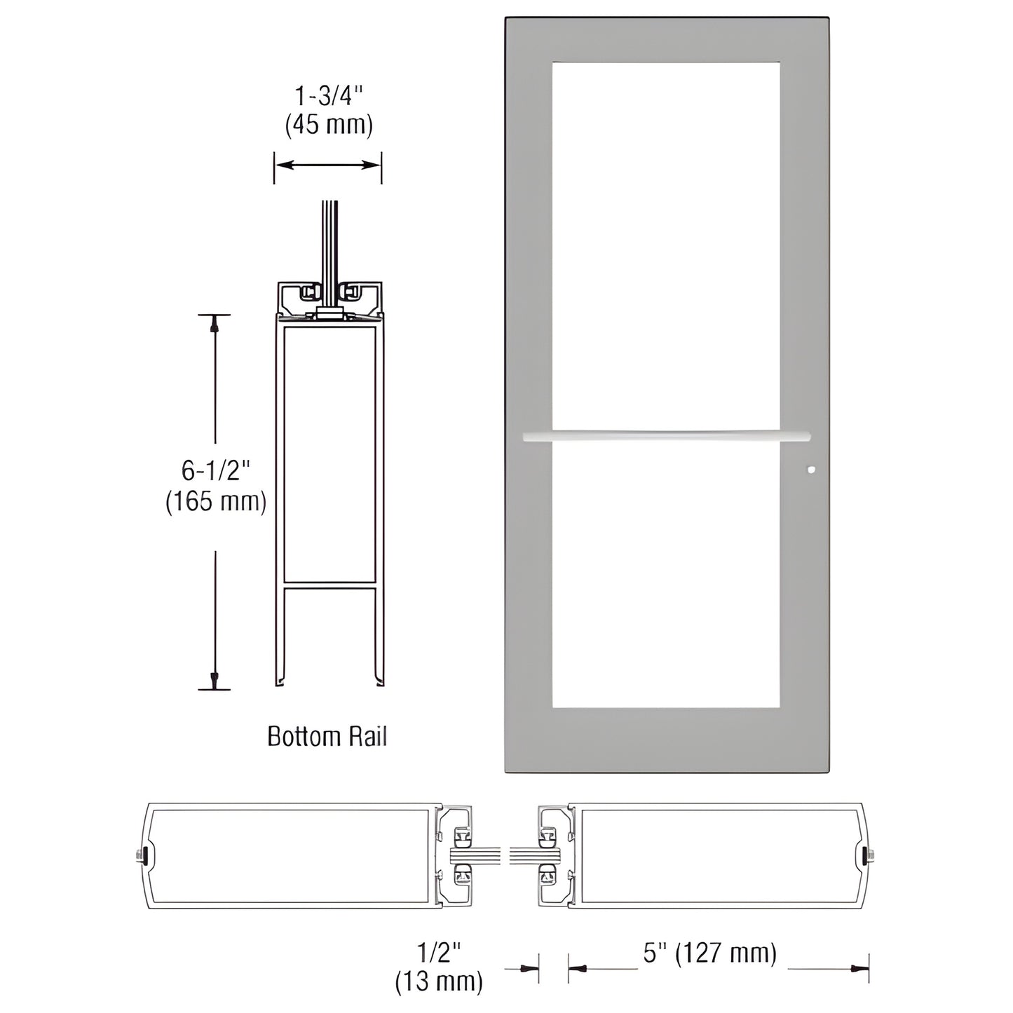 Clear anodized 36x84 commercial center-pivot glass door with 5" stiles and push bar - SKU DC51711R036