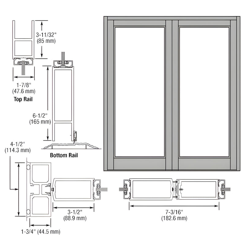 DB82011: clear anodized Durafront MS double entrance blank door drawing, center-hung, fits 1/4" tempered glass, rail dims sho
