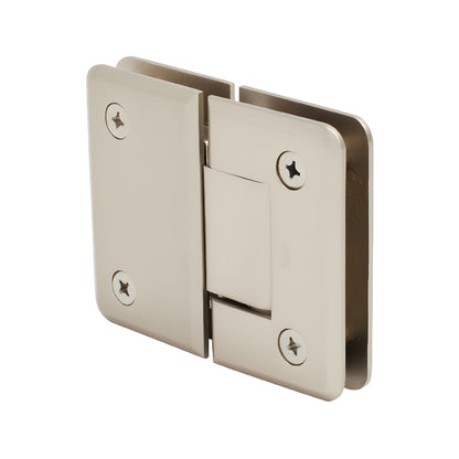 P1N180SN Pinnacle satin nickel glass-to-glass shower hinge, beveled brass, self-centering, fits 8-12mm glass
