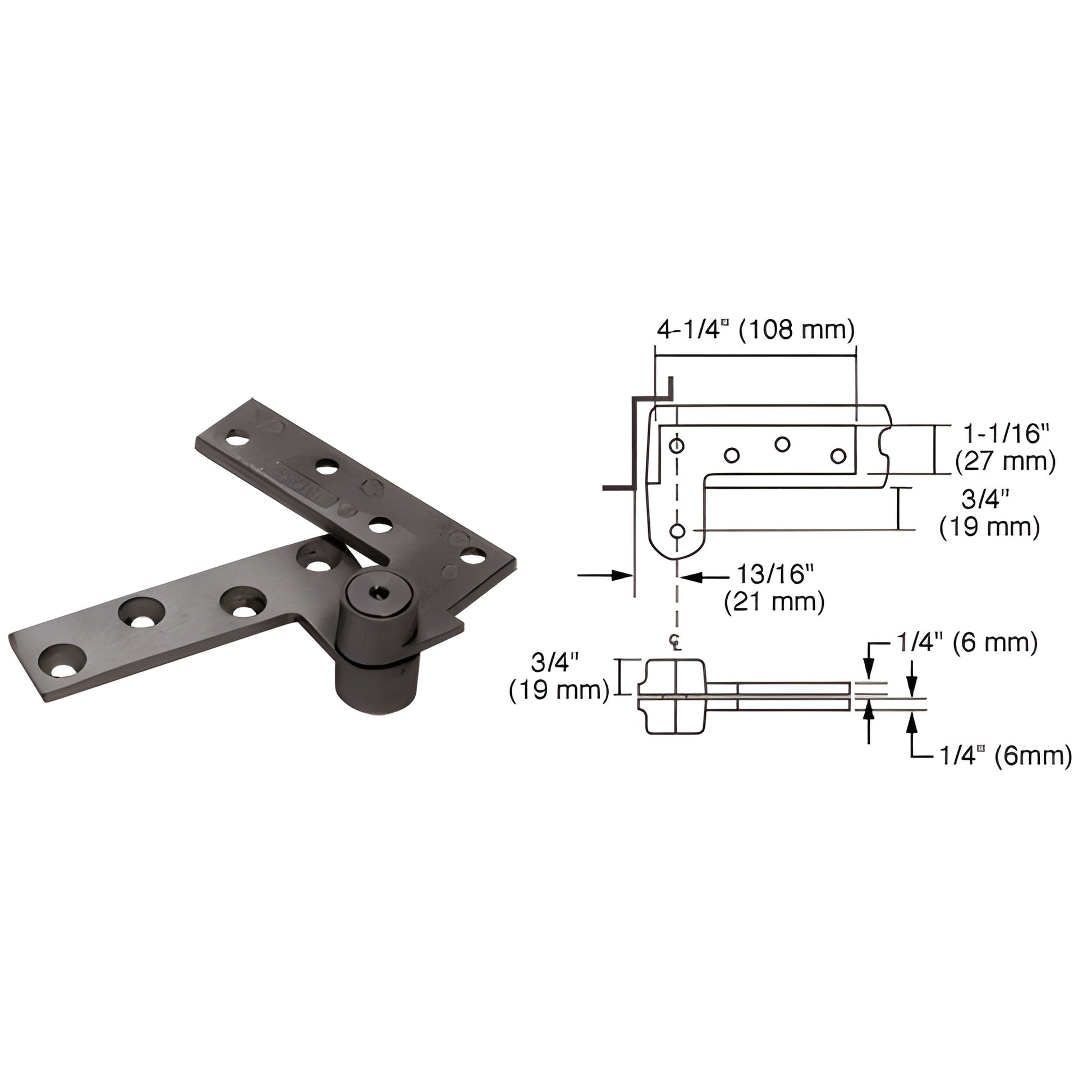 Rixson R180DU 3/4" offset top pivot, dark bronze aluminum pivot with mounting plates and dimensional diagram.