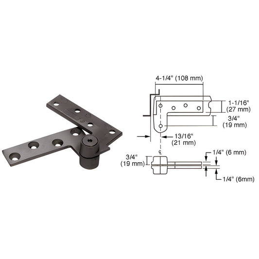 Rixson R180DU 3/4" offset top pivot, dark bronze aluminum pivot with mounting plates and dimensional diagram.