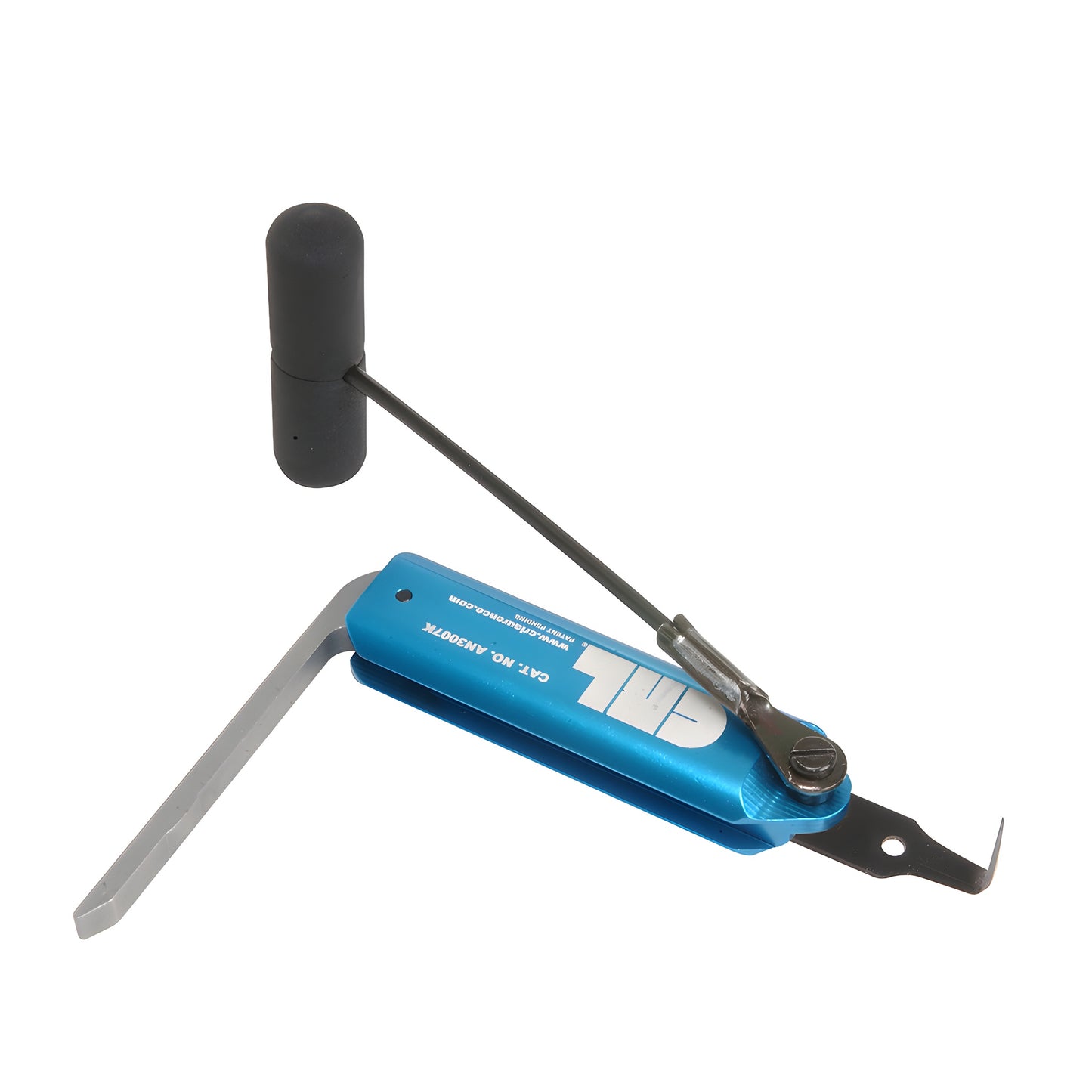 UltraWiz lever-action cold knife SKU AN3007K - blue contoured aluminum handle, flip lever, 3/4" shank cut-out blade.