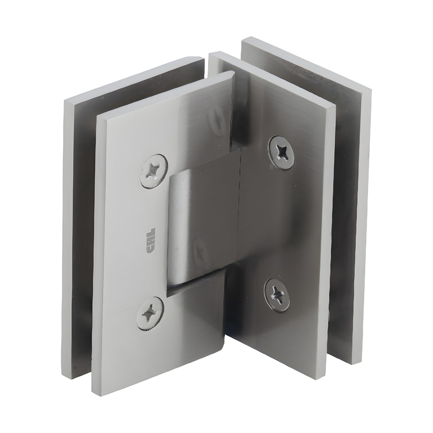 Brushed nickel square Vienna glass-to-glass shower hinge, brass, 90 self-centering (SKU V1E092BN)
