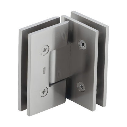 Brushed nickel square Vienna glass-to-glass shower hinge, brass, 90 self-centering (SKU V1E092BN)