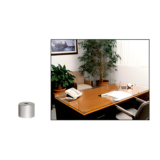 Brushed stainless 1/2" standoff cap and base beside a mounted glass desk protector in an office setting