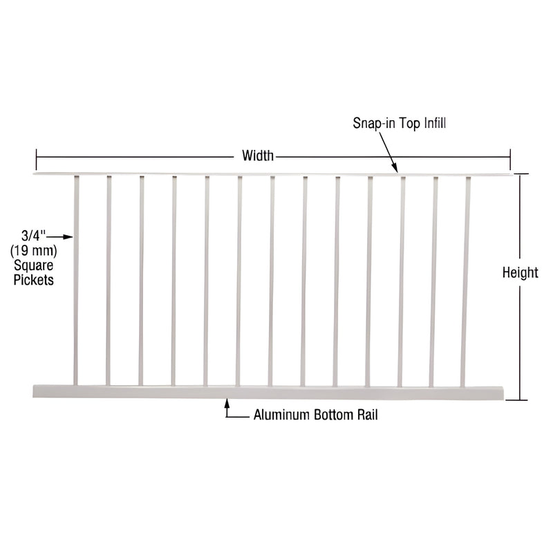 Sky White aluminum picket panel (SKU P6036W), 13 square pickets, snap-in top infill and aluminum bottom rail, fits 60x36 in o