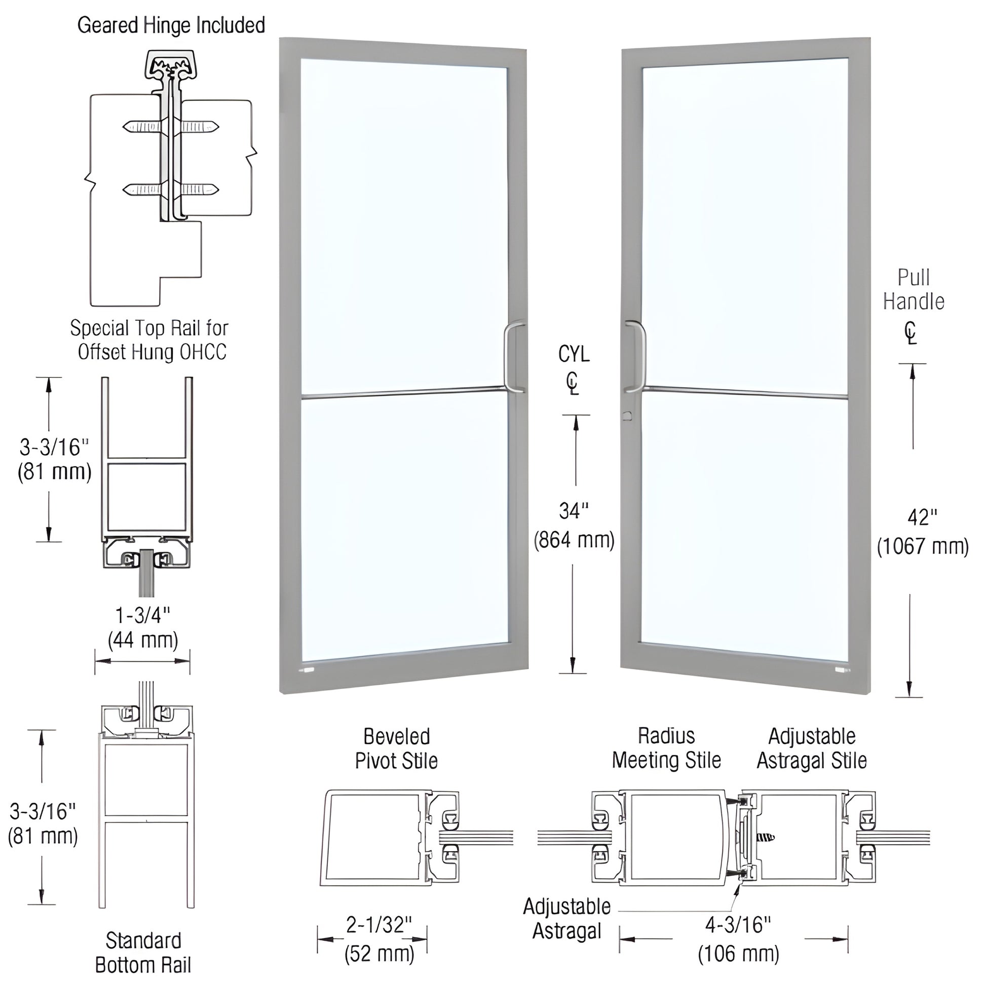 DC22911 CRL clear anodized narrow-stile aluminum entrance door with glass panel, 2" stiles, pull handle, 1/4" glass ready
