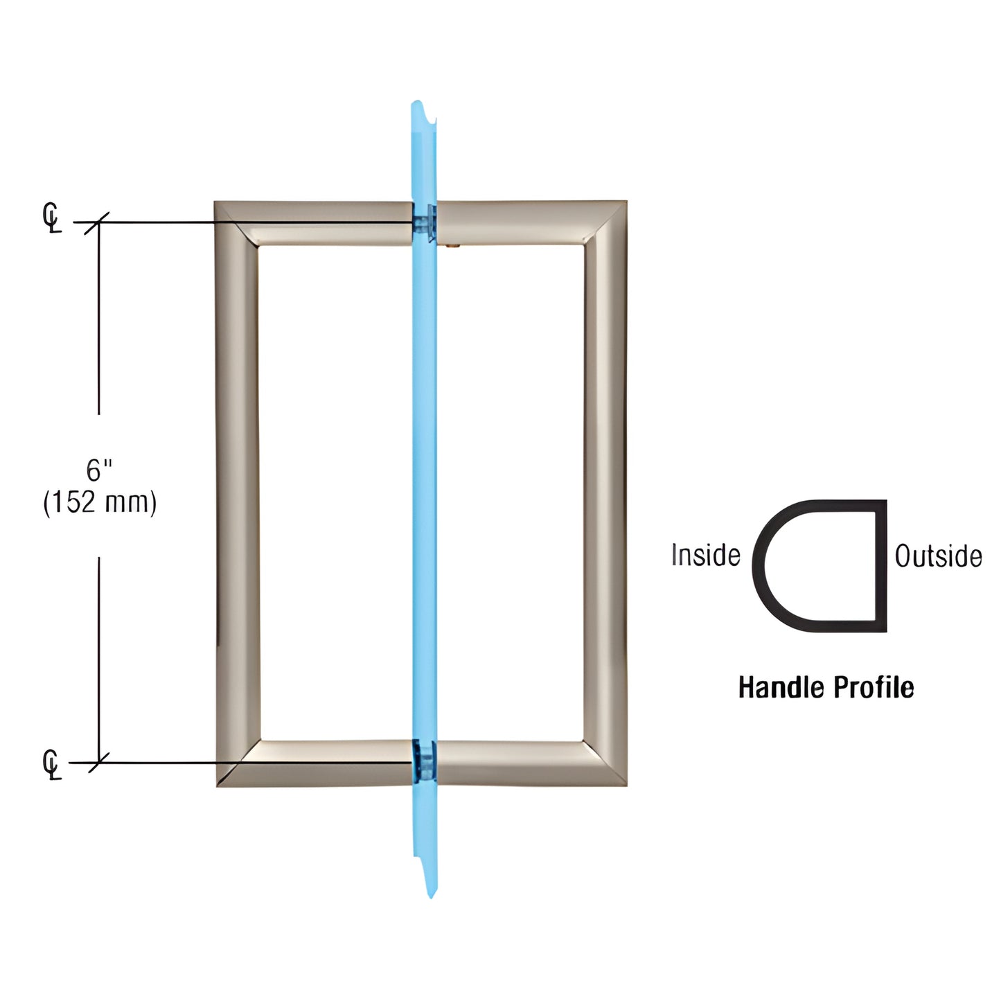 RM6X6BN brushed nickel back-to-back glass pull handle, 3/4" tubular, half-round profile, 6" center-to-center