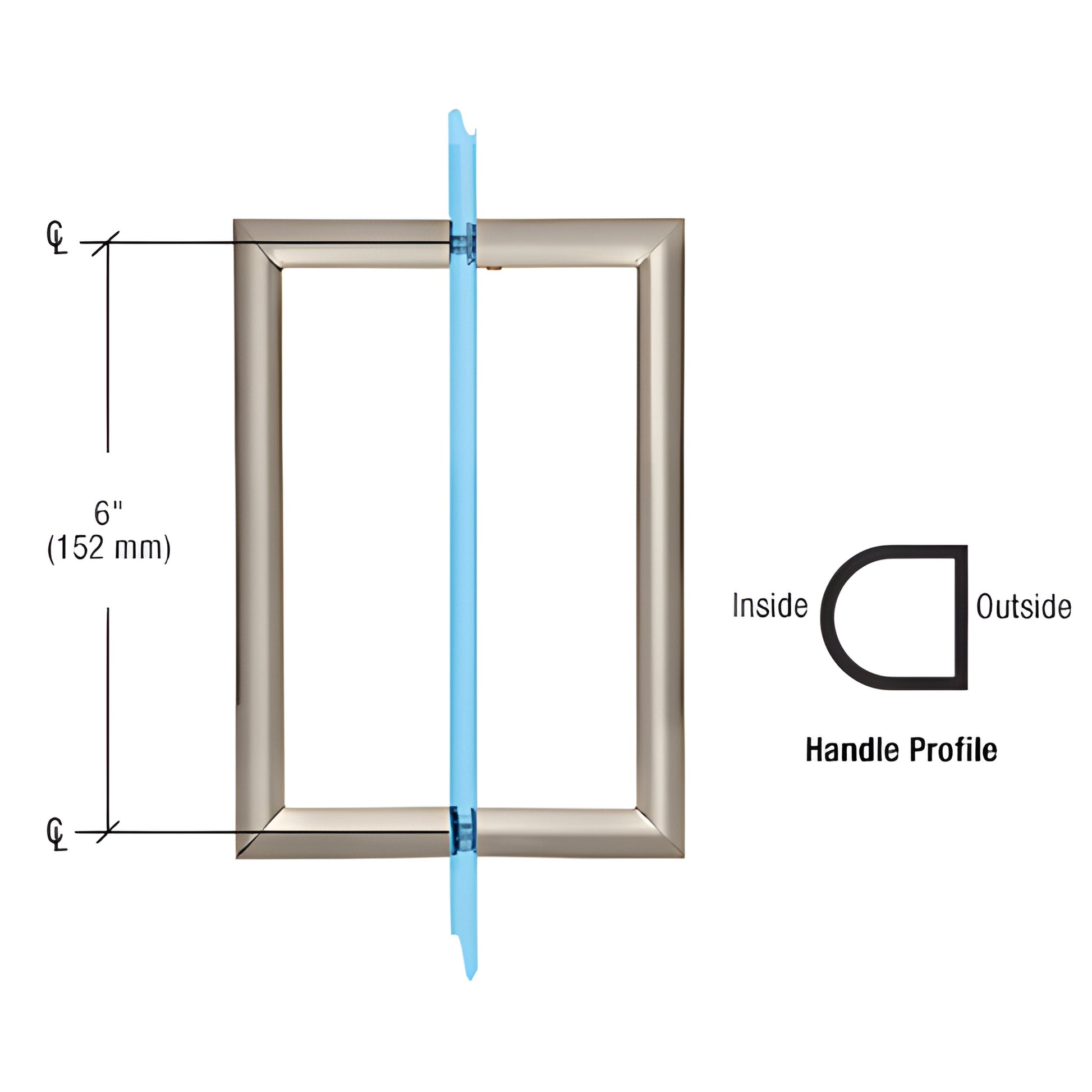 RM6X6BN brushed nickel back-to-back glass pull handle, 3/4" tubular, half-round profile, 6" center-to-center