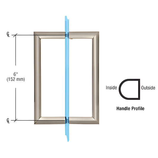 RM6X6BN brushed nickel back-to-back glass pull handle, 3/4" tubular, half-round profile, 6" center-to-center