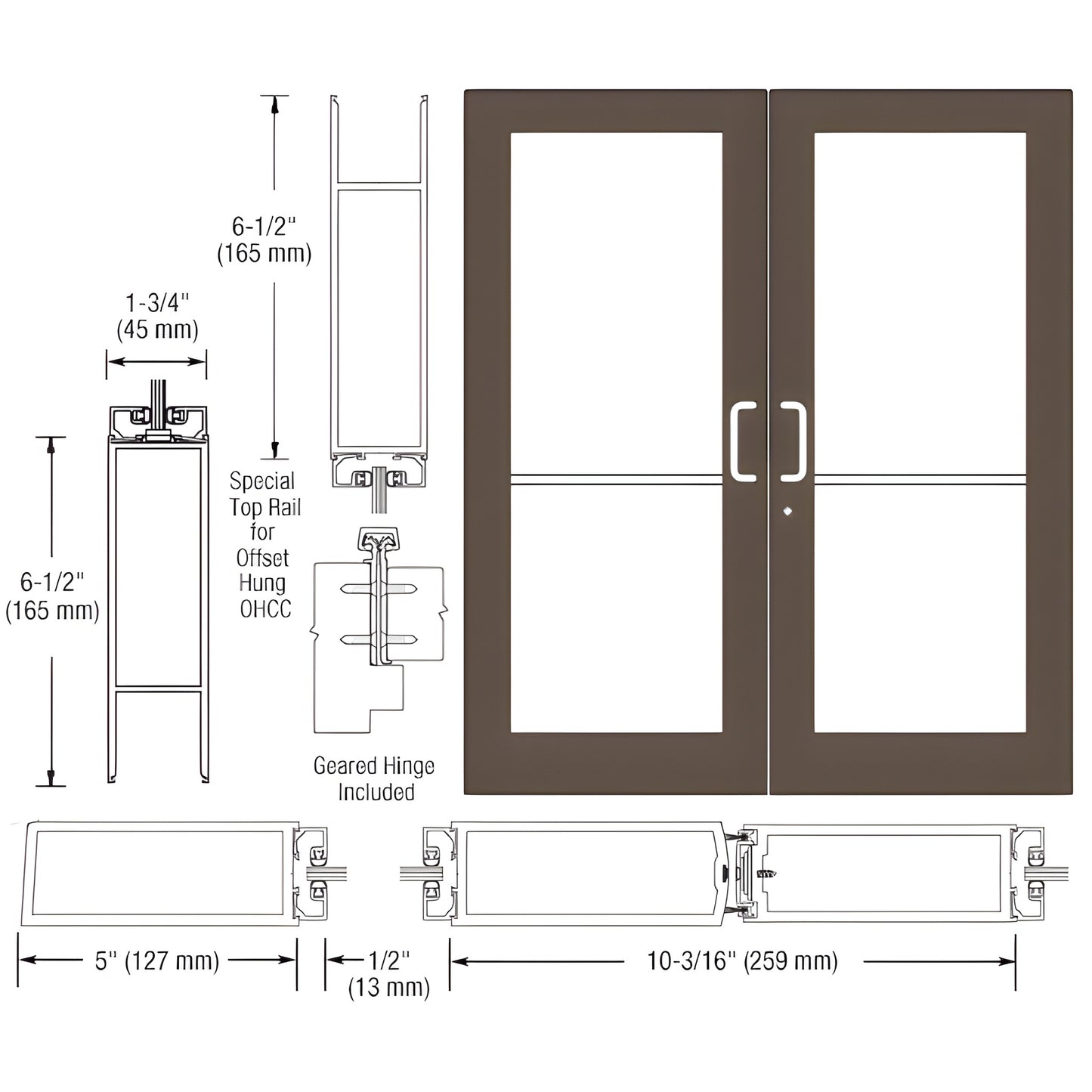 DC52922 black bronze anodized custom wide-stile double entrance door with glass panels, 5" stiles and 6-1/2" bottom rail.