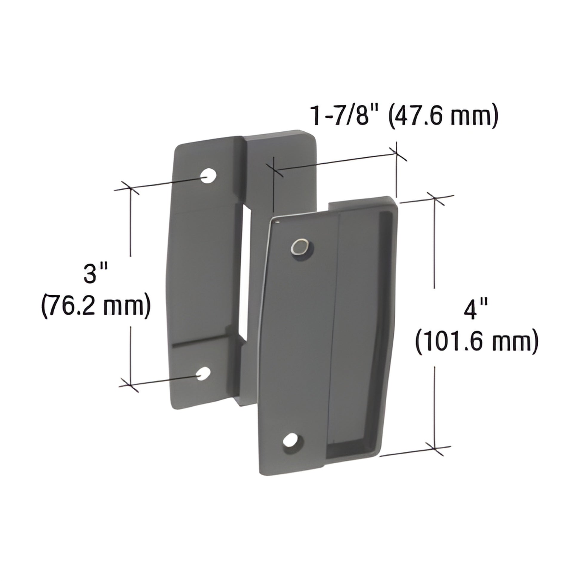 Black plastic surface-mounted screen door pull set (CRL A111), inside/outside pair, 4" high, 3" hole spacing.
