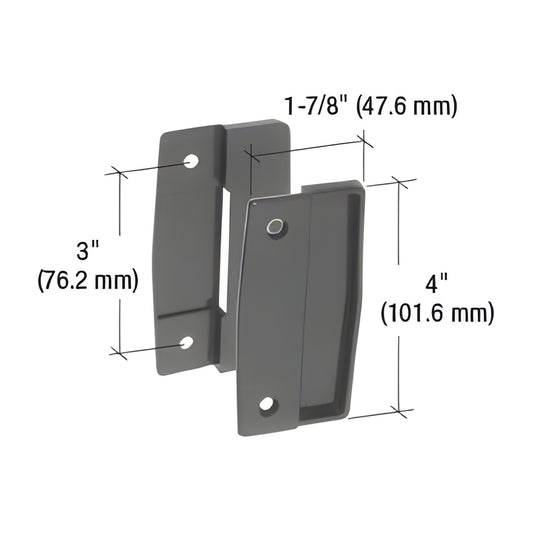 Black plastic surface-mounted screen door pull set (CRL A111), inside/outside pair, 4" high, 3" hole spacing.