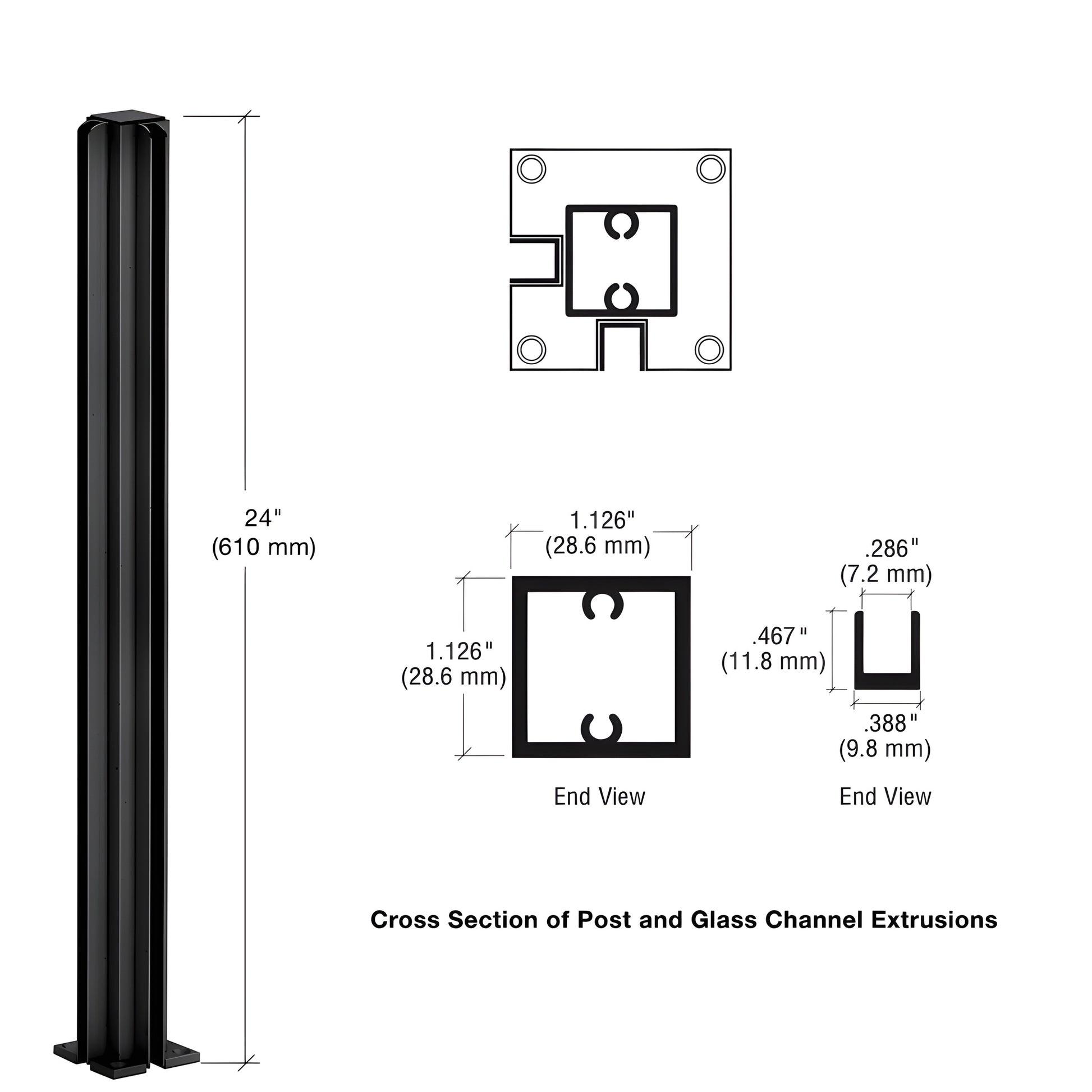 D990BL24CR: 24" semi-gloss black aluminum corner post, 1-1/8" slim square with glazing channels for 5-6mm glass.