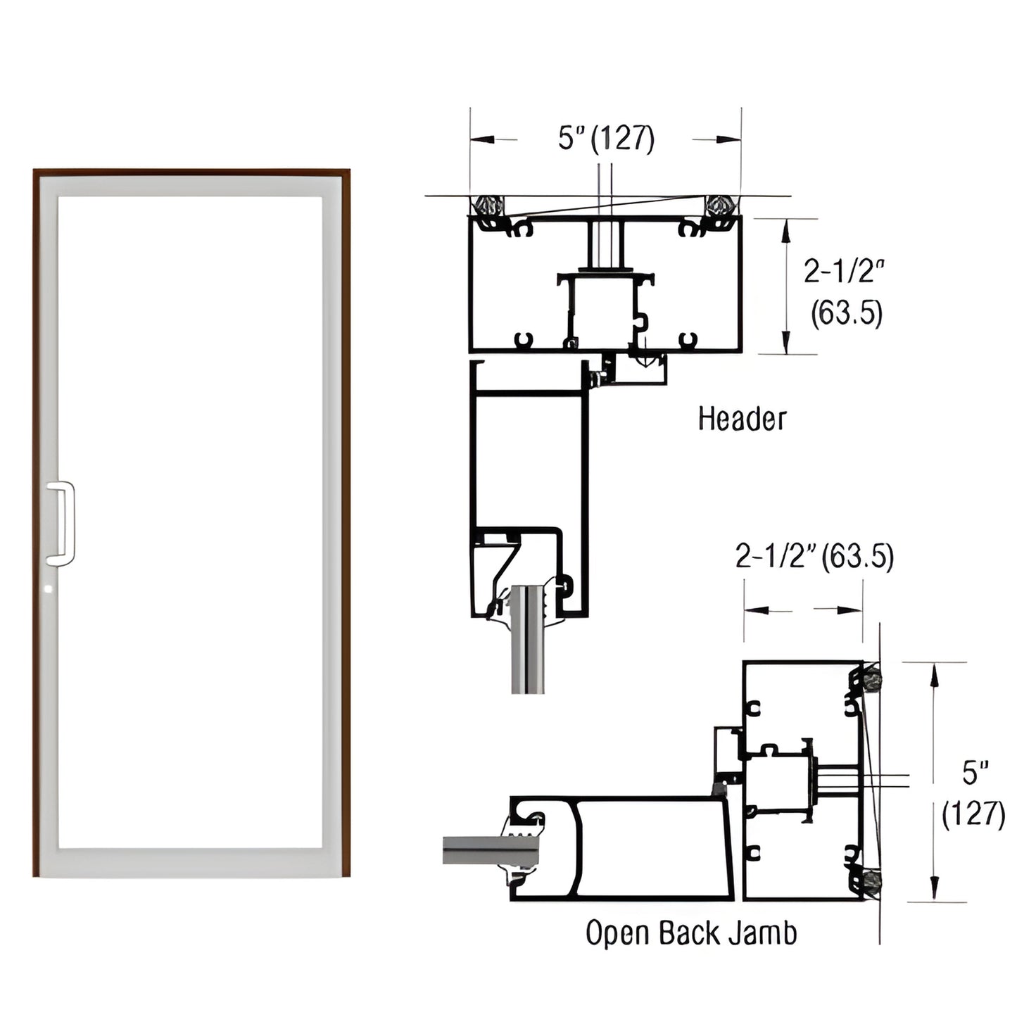 Black bronze anodized up-and-over impact door frame (SKU 0F41522) shown with door mockup and technical cross-section drawings