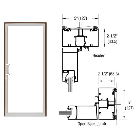 Black bronze anodized up-and-over impact door frame (SKU 0F41522) shown with door mockup and technical cross-section drawings