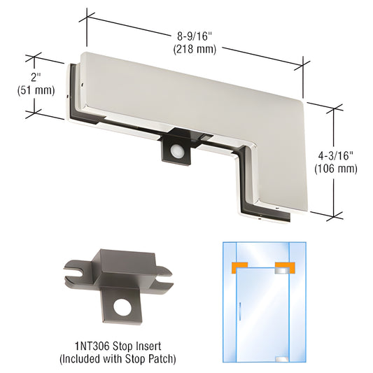 PT4034BS DORMAKABA brushed stainless sidelite transom patch fitting for 3/4" glass, 8-9/16" 4-3/16" dimensions.