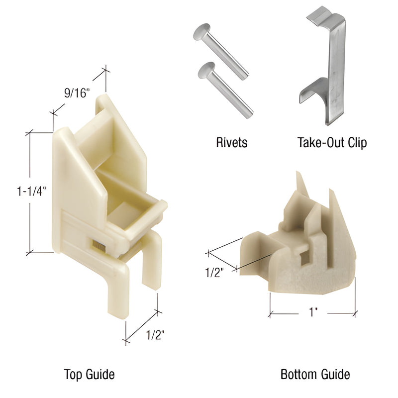 FS290B window channel balance repair kit: tan top and bottom plastic guides, two rivets and a metal take-out clip.